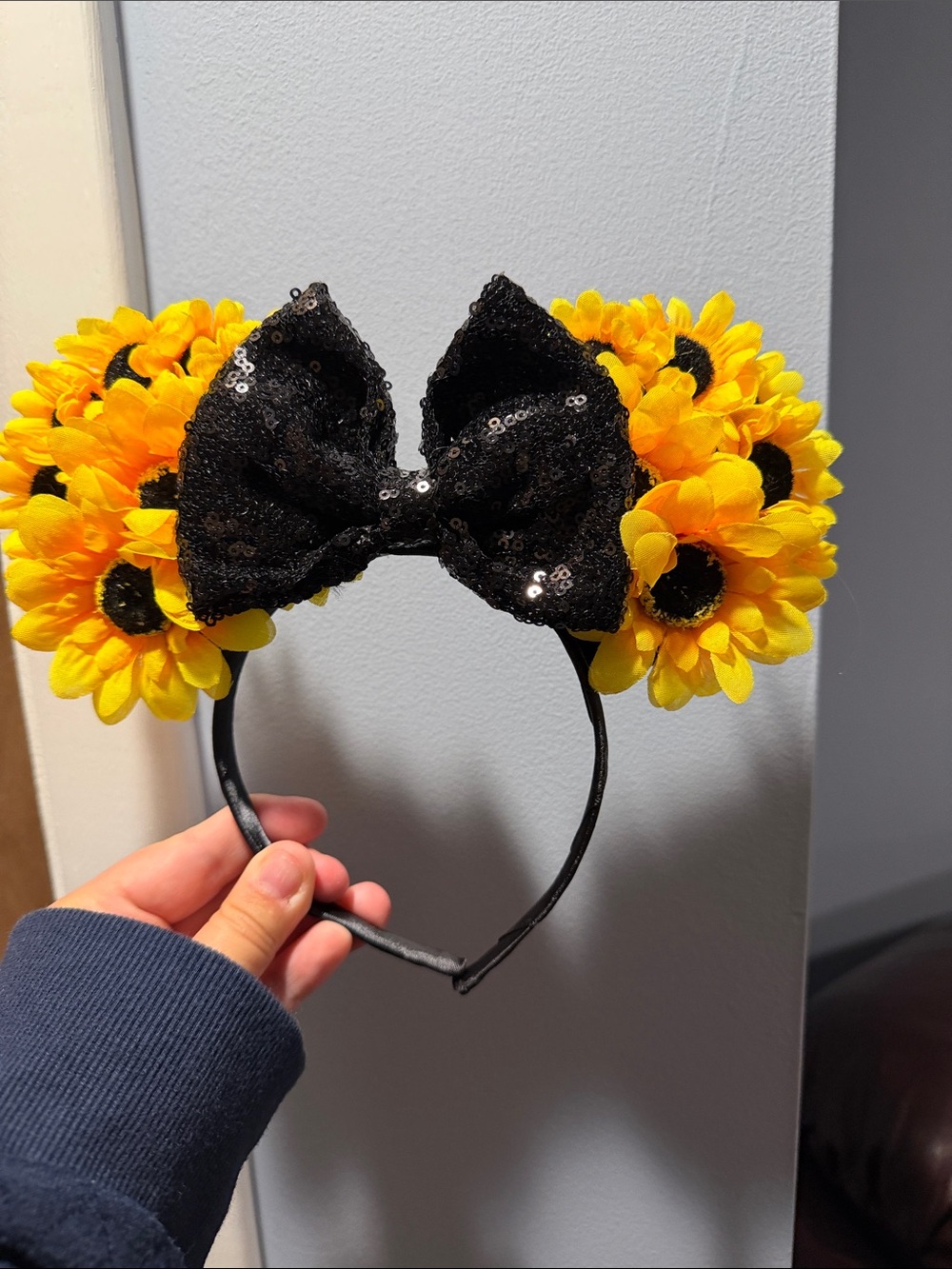 Sunflower Floral Minnie Ears Headband with Black Sequin Bow